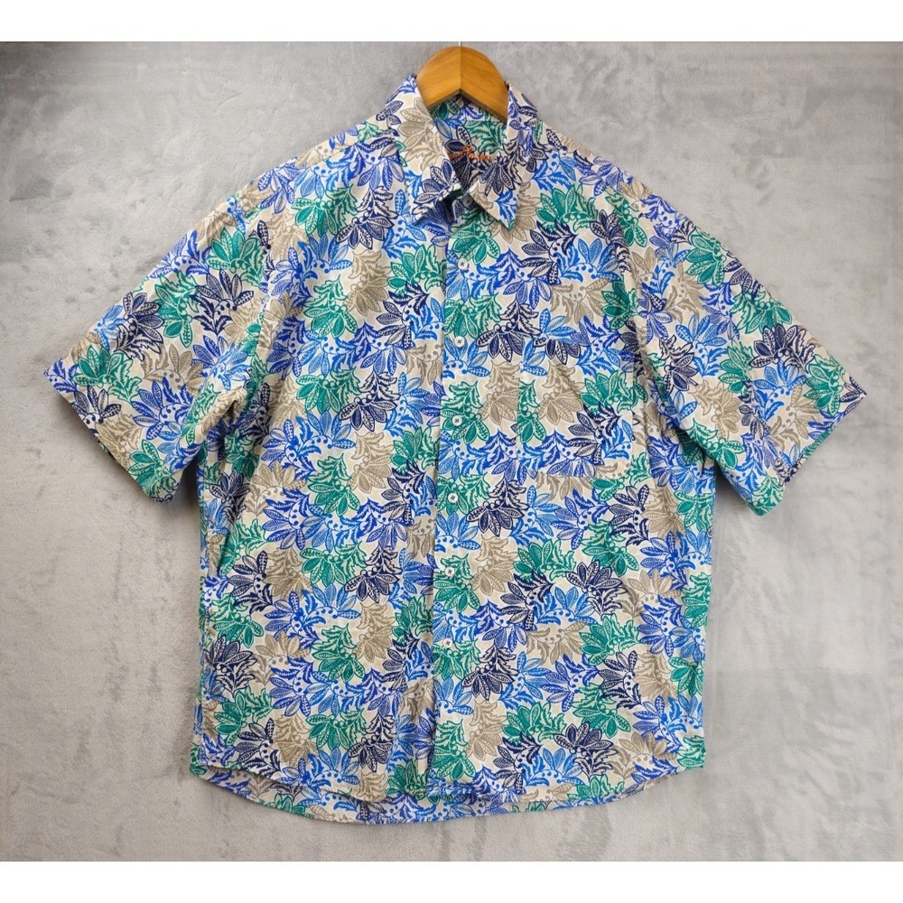 Alan Flusser Mens XL Short Sleeve Button Up Shirt Green Blue Paisley Floral
